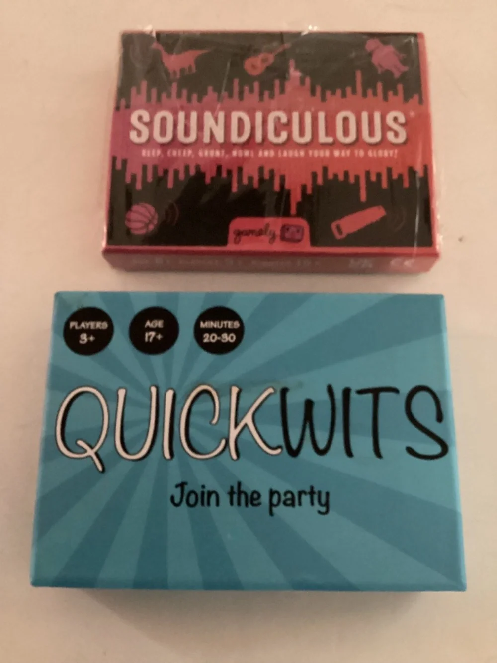 2 Party Card Games: QuickWits and Soundiculous new in packages